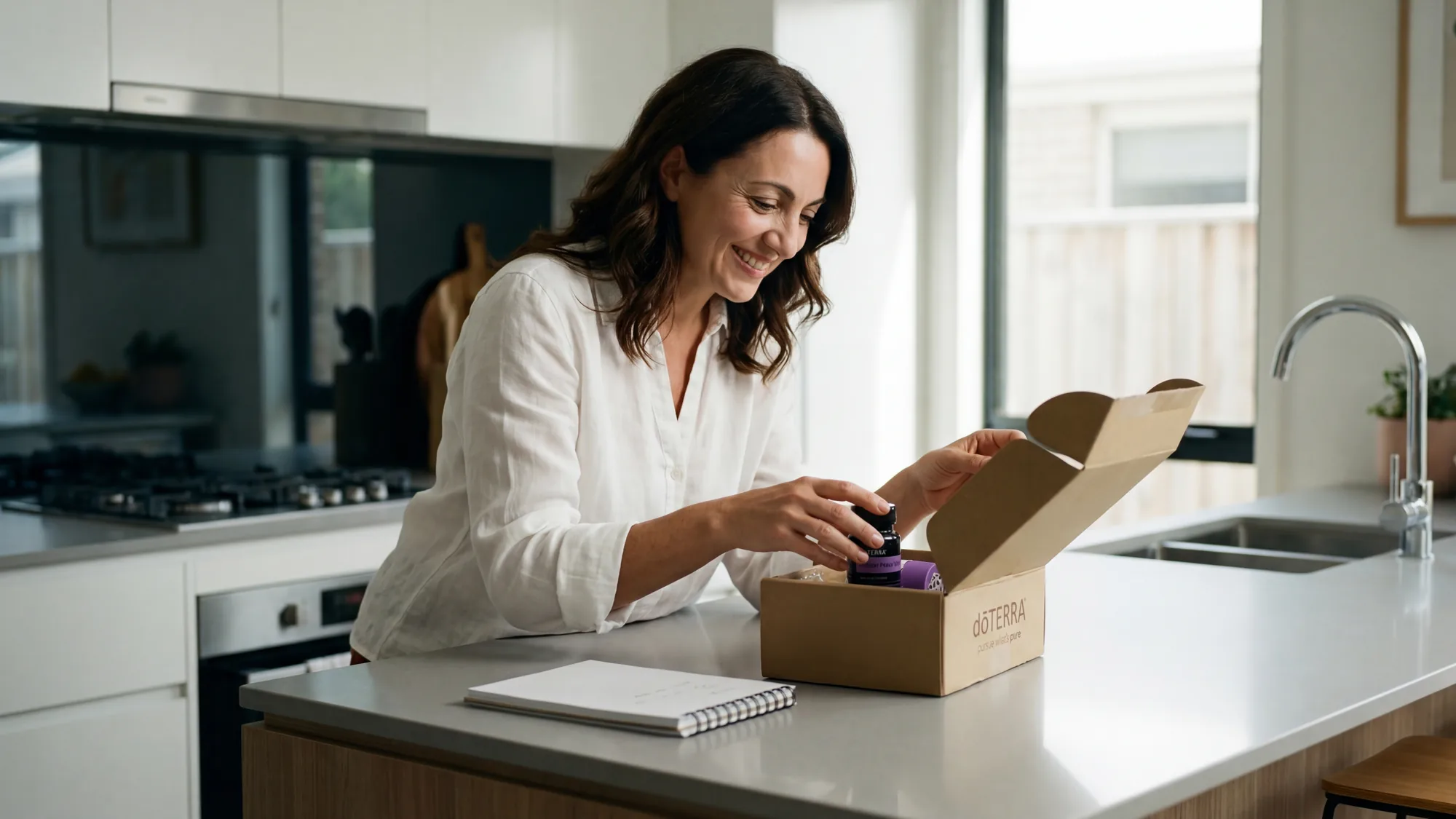 A woman in a bright kitchen smiling as she unboxes her dōTERRA essential oils delivery