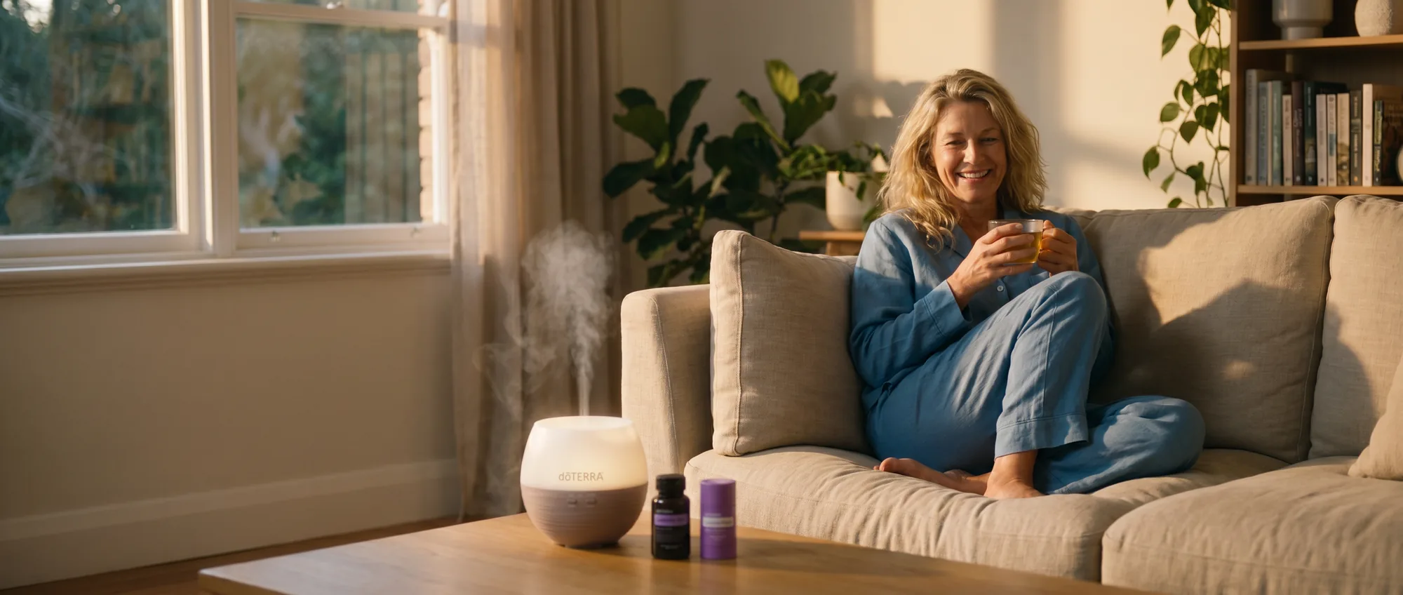 A woman relaxing on a sofa with a warm cup of tea in the early evening, a dōTERRA Petal Diffuser misting on the coffee table beside Lavender Peace products