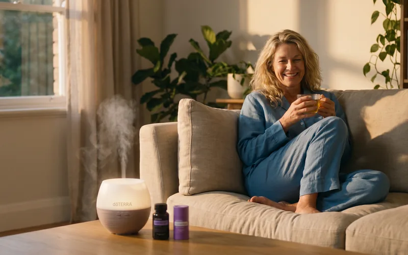 A woman relaxing with tea beside a glowing dōTERRA diffuser in the early evening