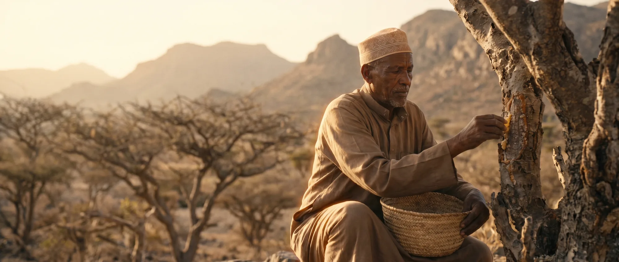 A Somali frankincense harvester collecting resin from a Boswellia tree in the arid highlands of the Sanaag region at golden hour