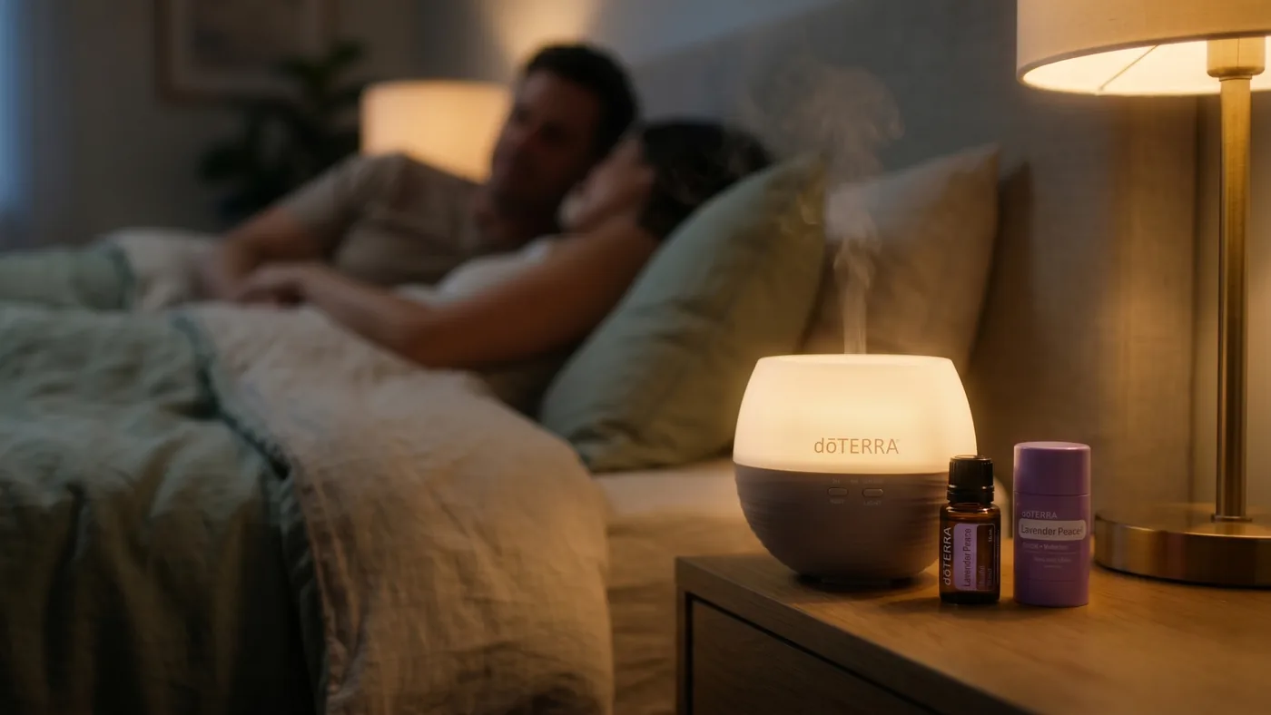 A couple resting in bed at night while the dōTERRA Petal Diffuser mists, with the Lavender Peace blend beside it