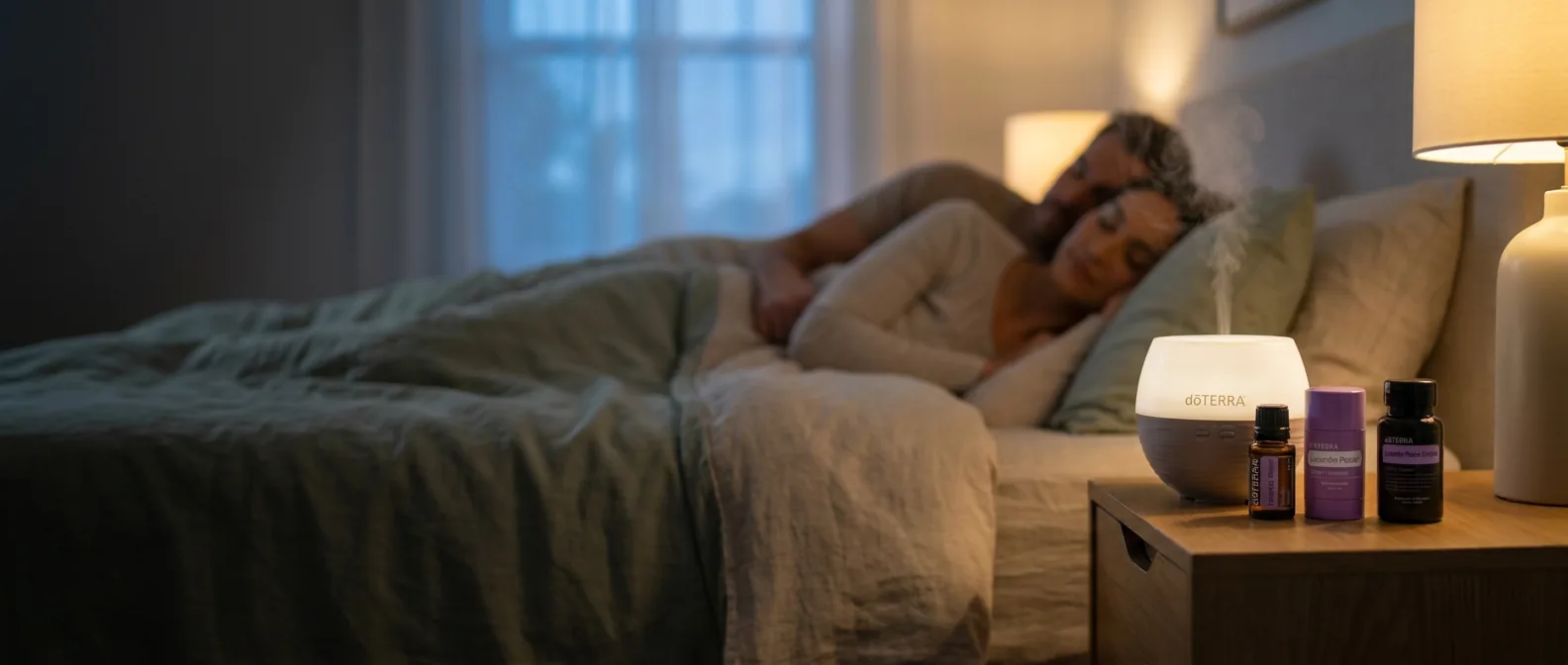 A couple resting in bed at night beside a glowing dōTERRA Petal Diffuser and the Lavender Peace blends