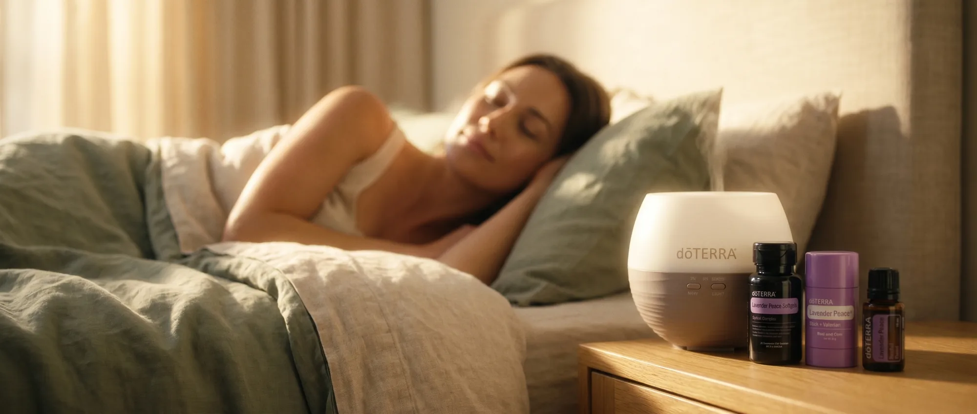A woman sleeping peacefully in warm morning light beside a glowing dōTERRA Petal Diffuser and the Lavender Peace products