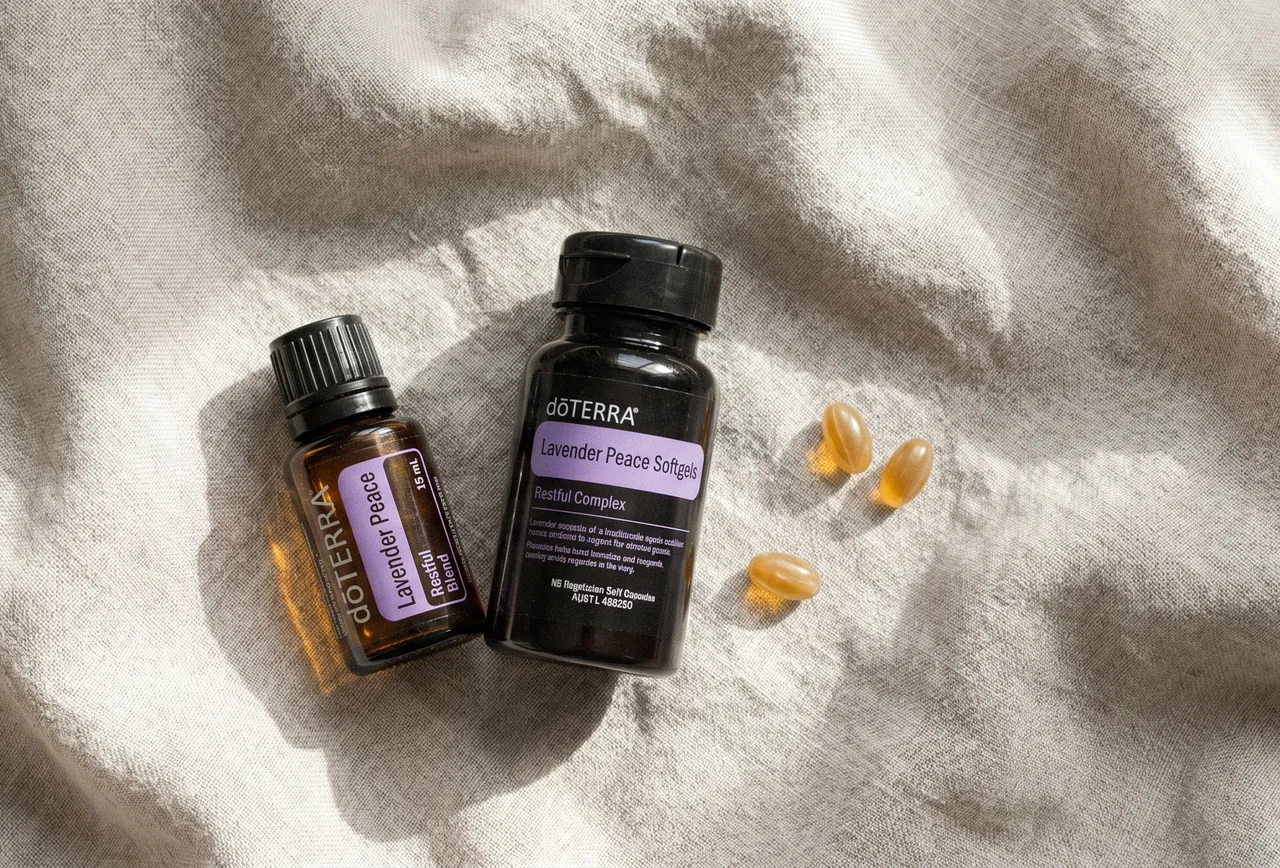 dōTERRA Lavender Peace Restful Blend oil and Lavender Peace Softgels on natural linen