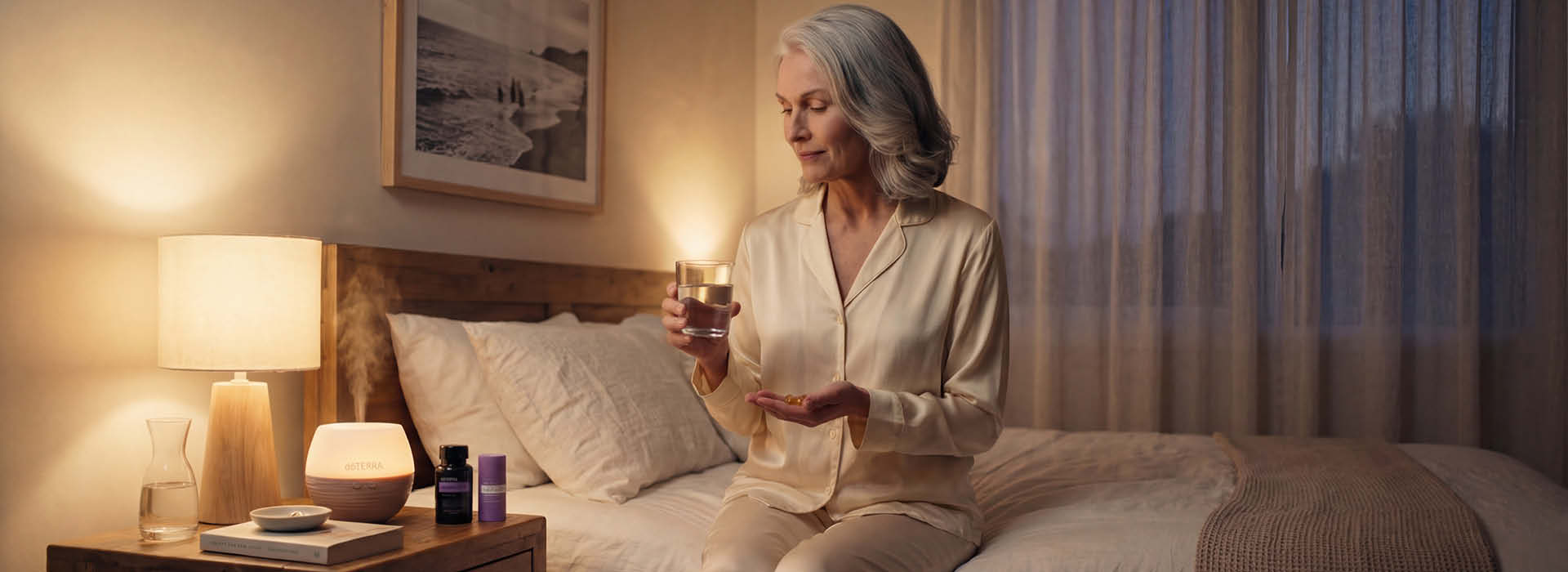 A woman taking dōTERRA Lavender Peace Softgels before bed