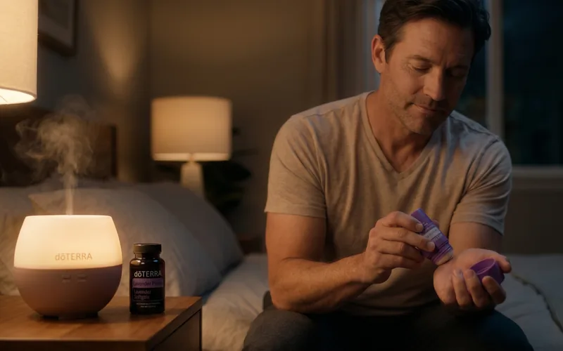 A man applying a dōTERRA roll-on at night beside a glowing diffuser and Lavender Peace Softgels