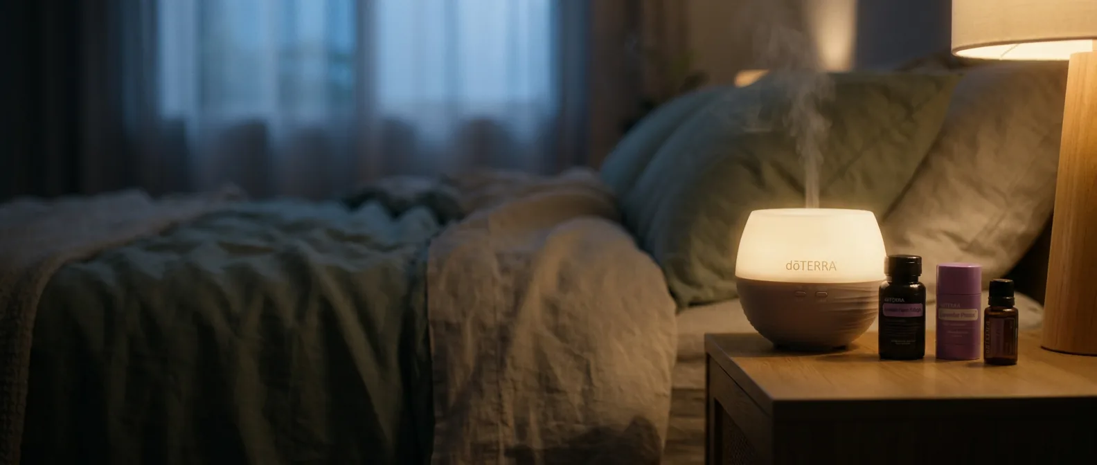 A dōTERRA Petal Diffuser glowing on a bedside table at night beside Lavender Peace products and a softly lit bed