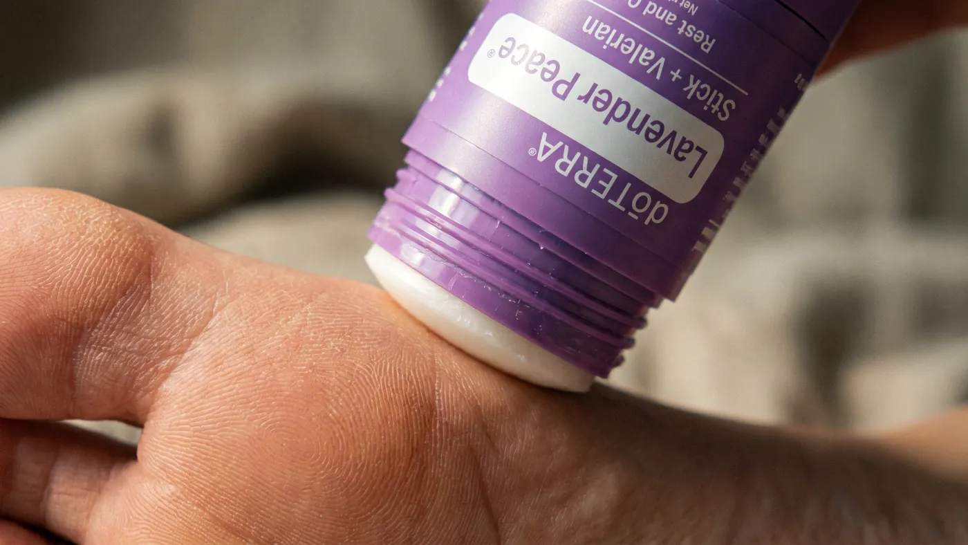 The dōTERRA Lavender Peace Stick + Valerian applied to the bottom of the foot