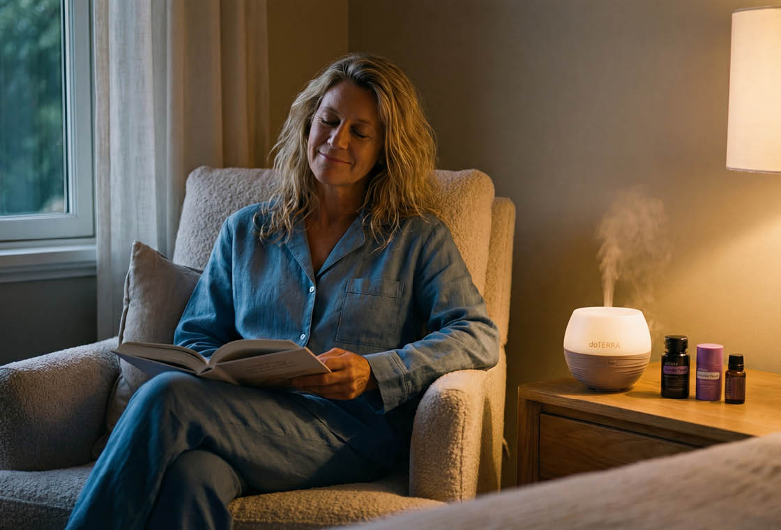 A woman reading calmly by lamplight next to a diffuser