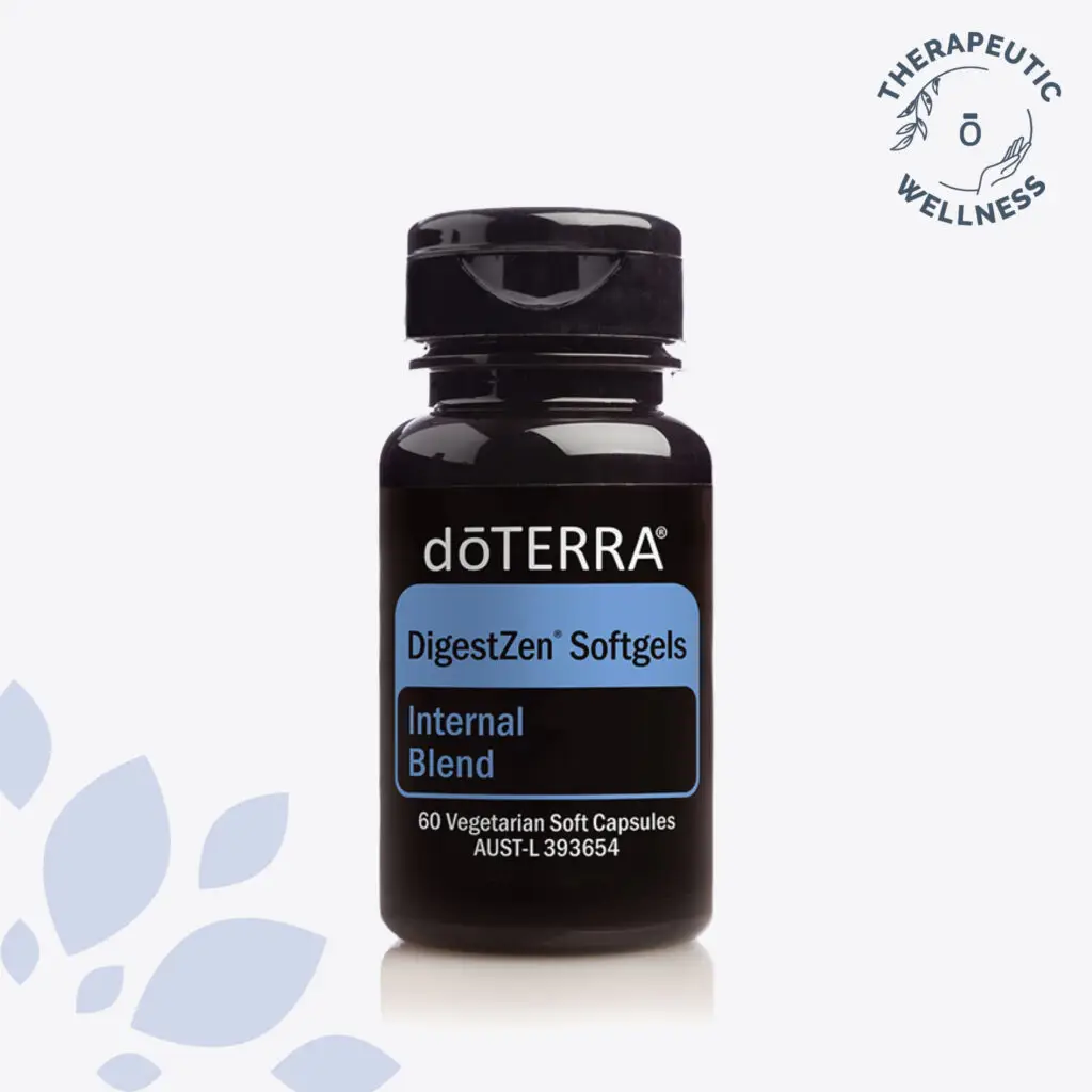 dōTERRA DigestZen Softgels bottle featuring the internal blend formula for digestive support.