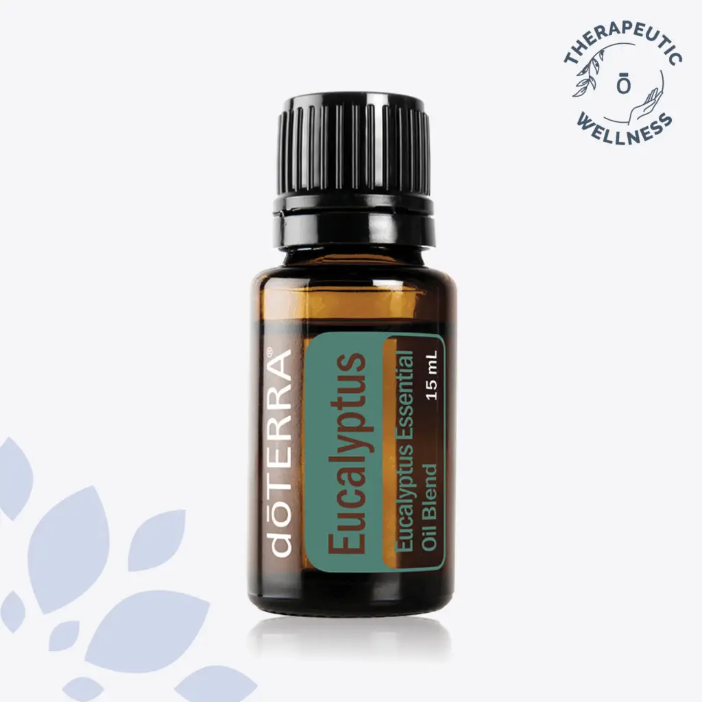 A 15 mL amber glass bottle of dōTERRA Eucalyptus Oil Blend with a green label, displayed against a clean, light background with botanical design elements.