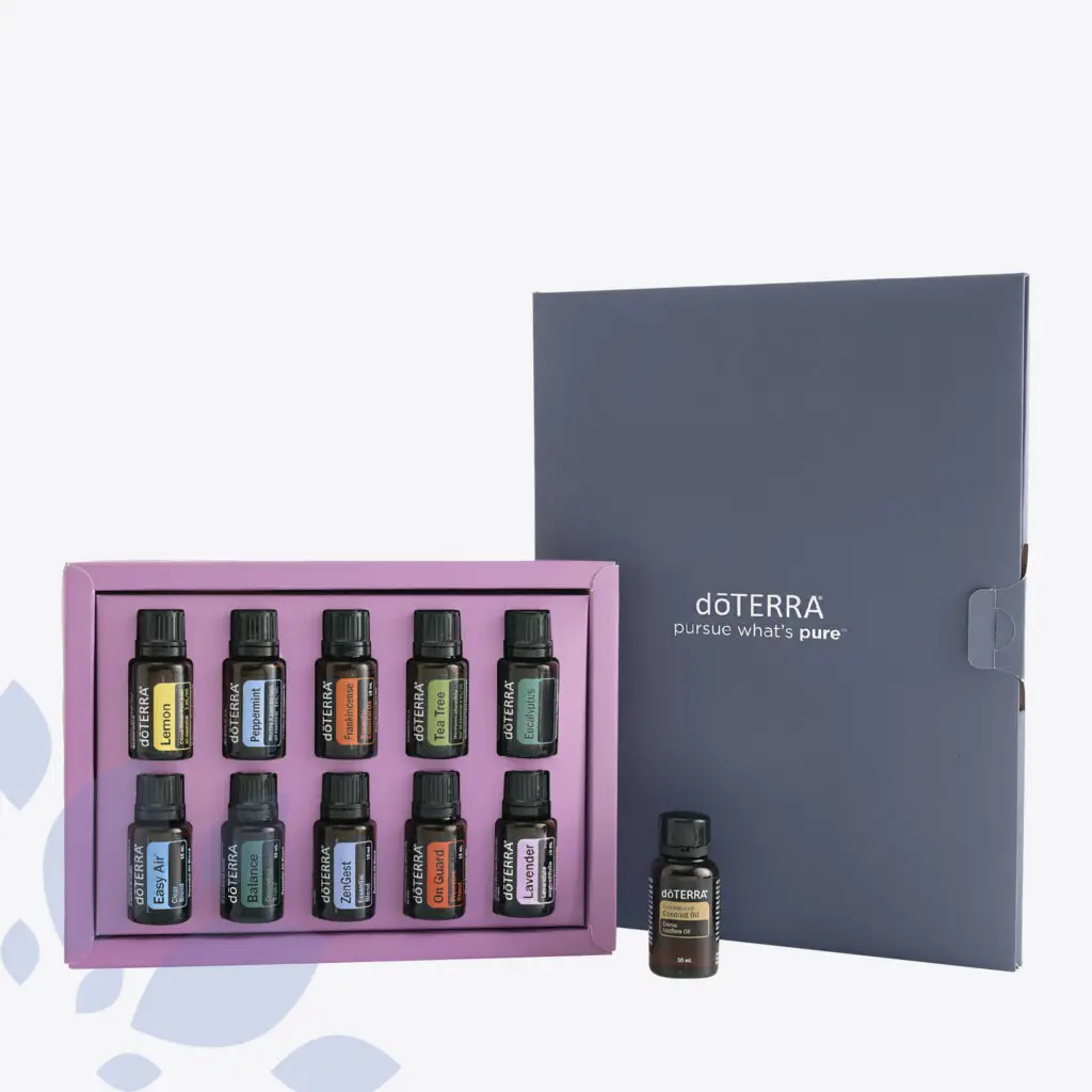 dōTERRA Home Essentials Starter Kit Australia – a premium collection of essential oils in a purple box, including Lemon, Peppermint, Lavender, and more, with a Fractionated Coconut Oil bottle and a branded storage case.
