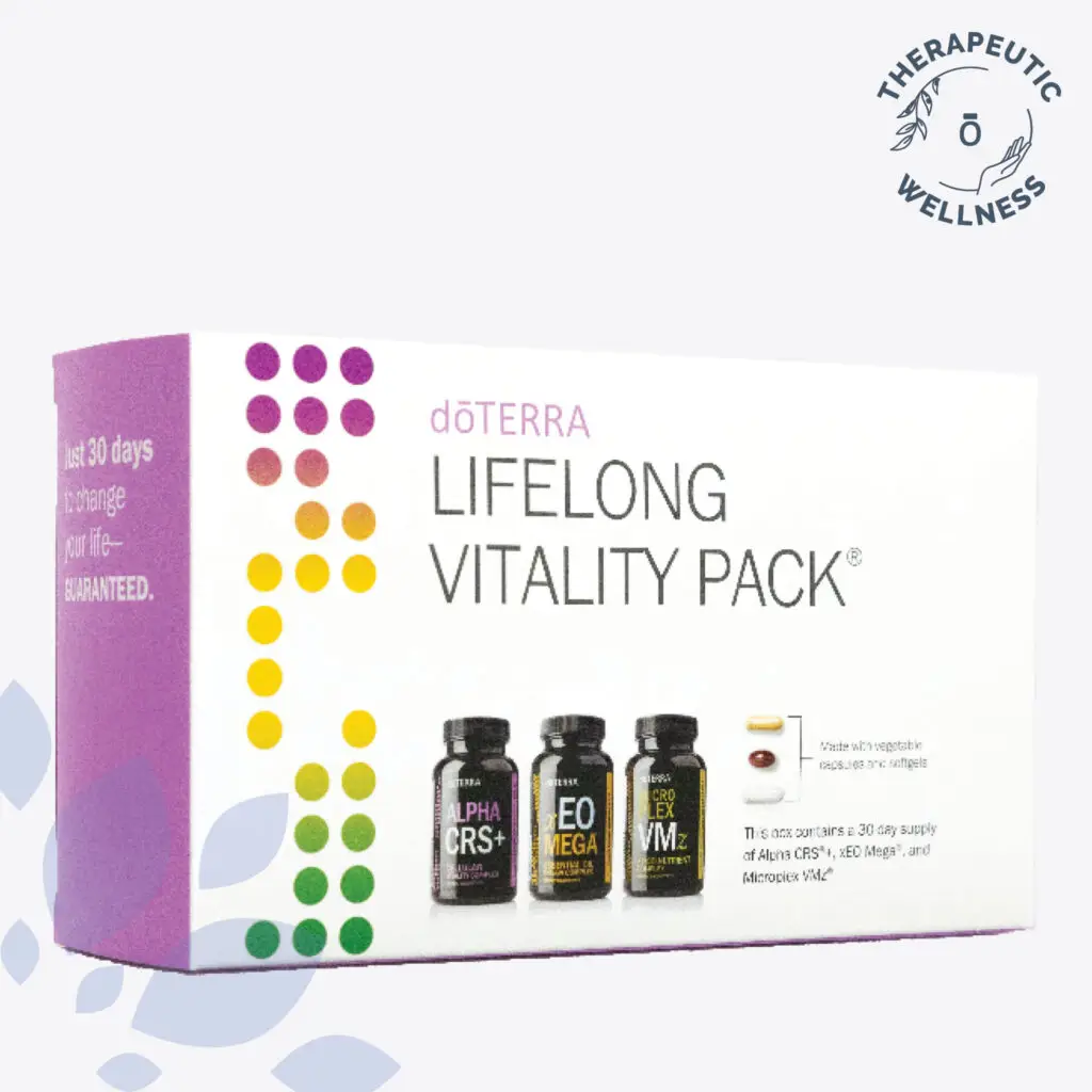 dōTERRA Lifelong Vitality Pack featuring Alpha CRS+, xEO Mega, and Microplex VMz supplements for daily wellness support.