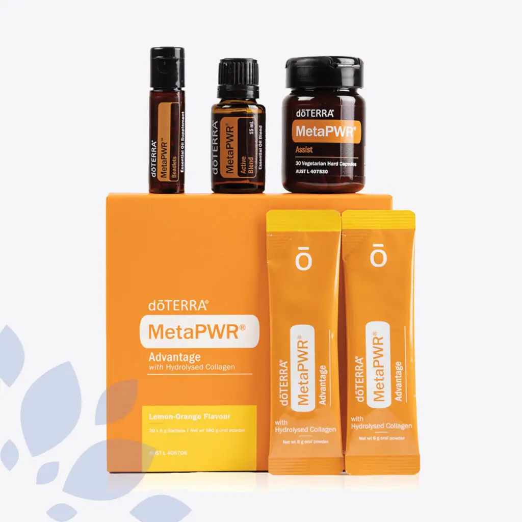 dōTERRA MetaPWR Complete Bundle featuring MetaPWR Advantage, Assist, Beadlets, and Active Blend.