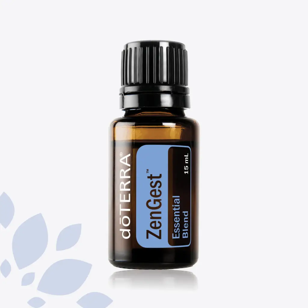 dōTERRA ZenGest Essential Oil Blend – a soothing digestive support blend in a 15mL amber bottle, ideal for gut health and well-being.