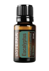 A 15 mL amber glass bottle of dōTERRA Eucalyptus Oil Blend with a black cap and a green label displaying the product name and botanical blend details.