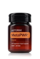 Studio product photo of a dōTERRA MetaPWR Assist bottle containing 30 vegetarian hard capsules, shown on a white background.