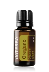 A 15 mL amber glass bottle of dōTERRA Oregano Oil with a black cap, labeled 'Origanum vulgare' in green and brown tones.