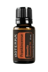 A 15 mL bottle of dōTERRA Frankincense Oil, featuring a black cap and amber glass, labeled with 'Boswellia Essential Oil' and 'Essential Oil Supplement' on a transparent background.