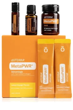 Product display of the dōTERRA MetaPWR Complete bundle featuring MetaPWR Advantage with Hydrolysed Collagen, MetaPWR Assist capsules, MetaPWR Beadlet, and Active Blend essential oil, all in front of the signature orange MetaPWR box.